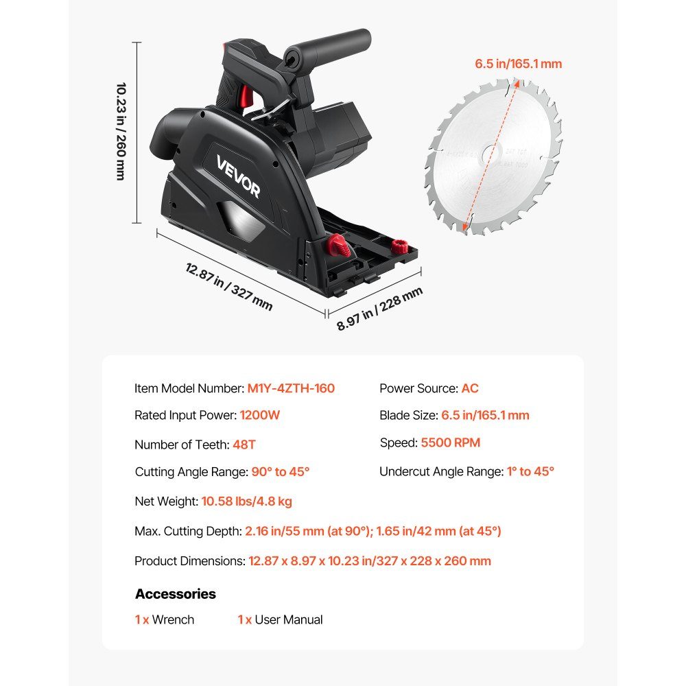 Plunge saw, 165.1 mm, hand-held circular saw with 48-zahnigem carbide saw blade, angle adjustment 0-45°, cutting depth 55 mm, for wood & plastic, guide rail Not included