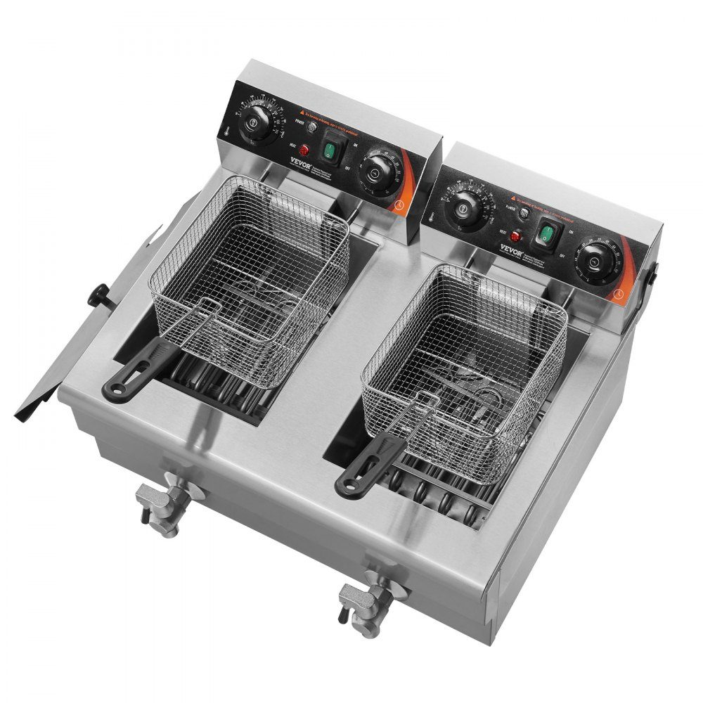 Commerciële friteuse 2 x 8L, 3KW elektrische aanrechtfriteuse met dubbele tank en mand, roestvrijstalen dubbele oliefriteuse, tijd- en temperatuurregeling, voor keukenrestaurants