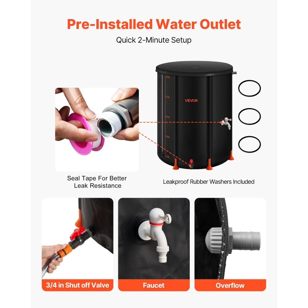 Foldable Rain Barrel 201L Portable Rain Barrel Rainwater Tank 1000D PVC Rainwater Collection System Water Tank Rainwater Barrel with Faucet and Overflow Kit Black