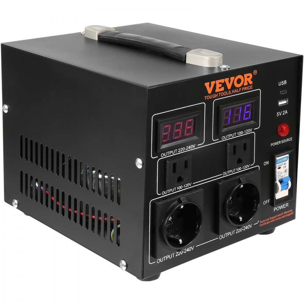 2000 W Spannungswandler-Transformator AC 110 V⇋220 V Transformator-Konverter 2x US NEMA 5-15R 3-polig/2x standardmäßige europäische Shucko-Ausgangsbuchsen, 1x 5V USB-Anschluss, 1x Typ-C-Buchse