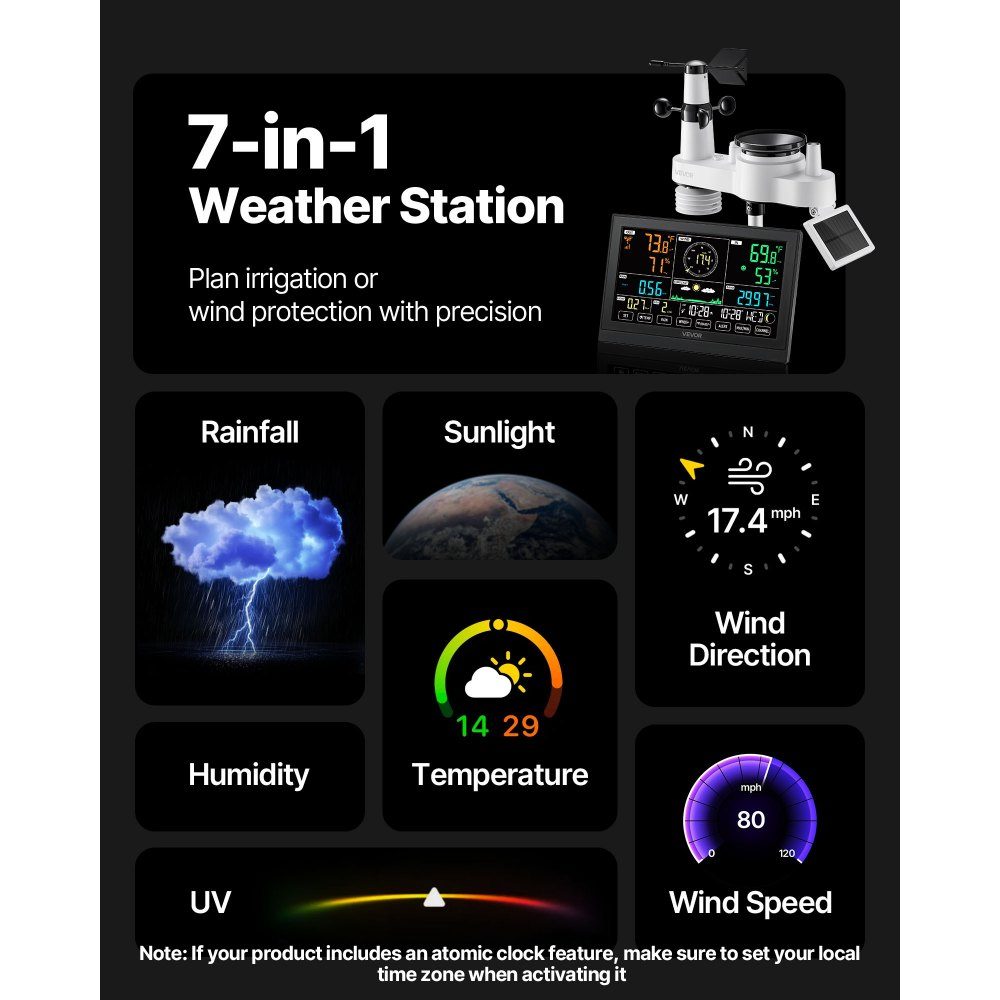 7 in 1 Wireless Weather Station, 7.5" Display, Solar Powered Outdoor Sensor, Rain Gauge, Weather Forecast, Temperature, Humidity Meter, Wind Speed ​​and Direction (No WiFi)