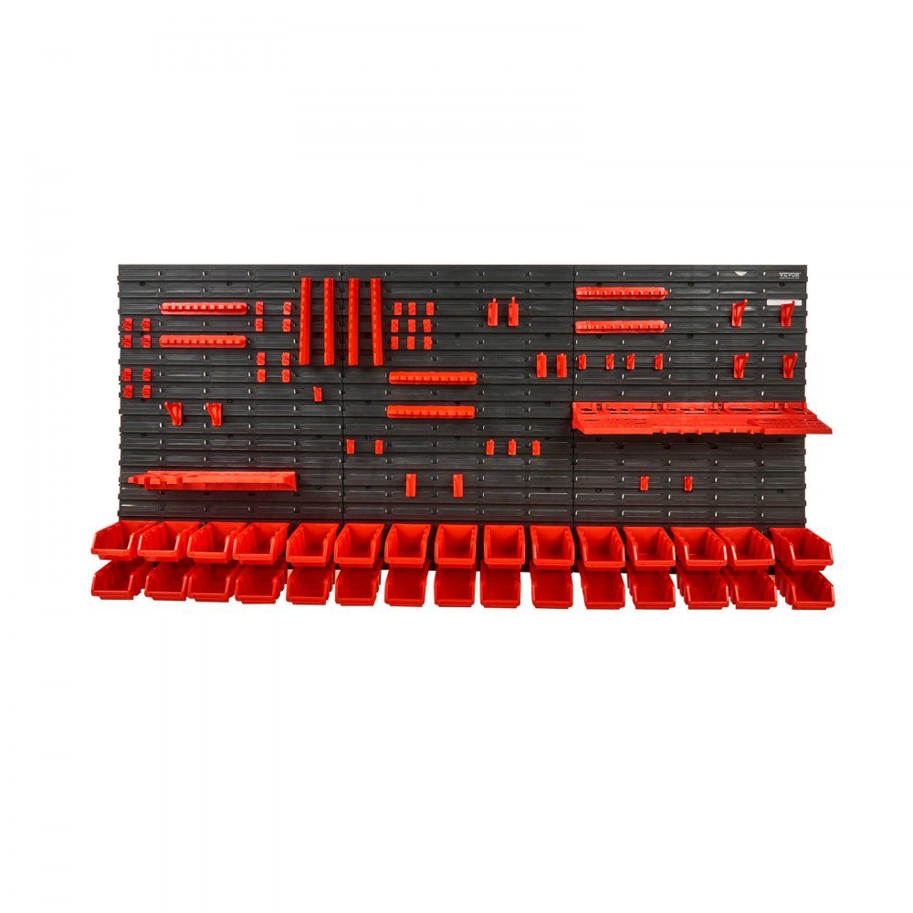 Stacking Boxes, 30 Container Pieces Shelf Organizer for Garage, Plastic Shop Tool with Wall Panels/Tool Holders/Hooks, for Nuts, Bolts, Screws, Nails, Beads, Buttons, Black/Red