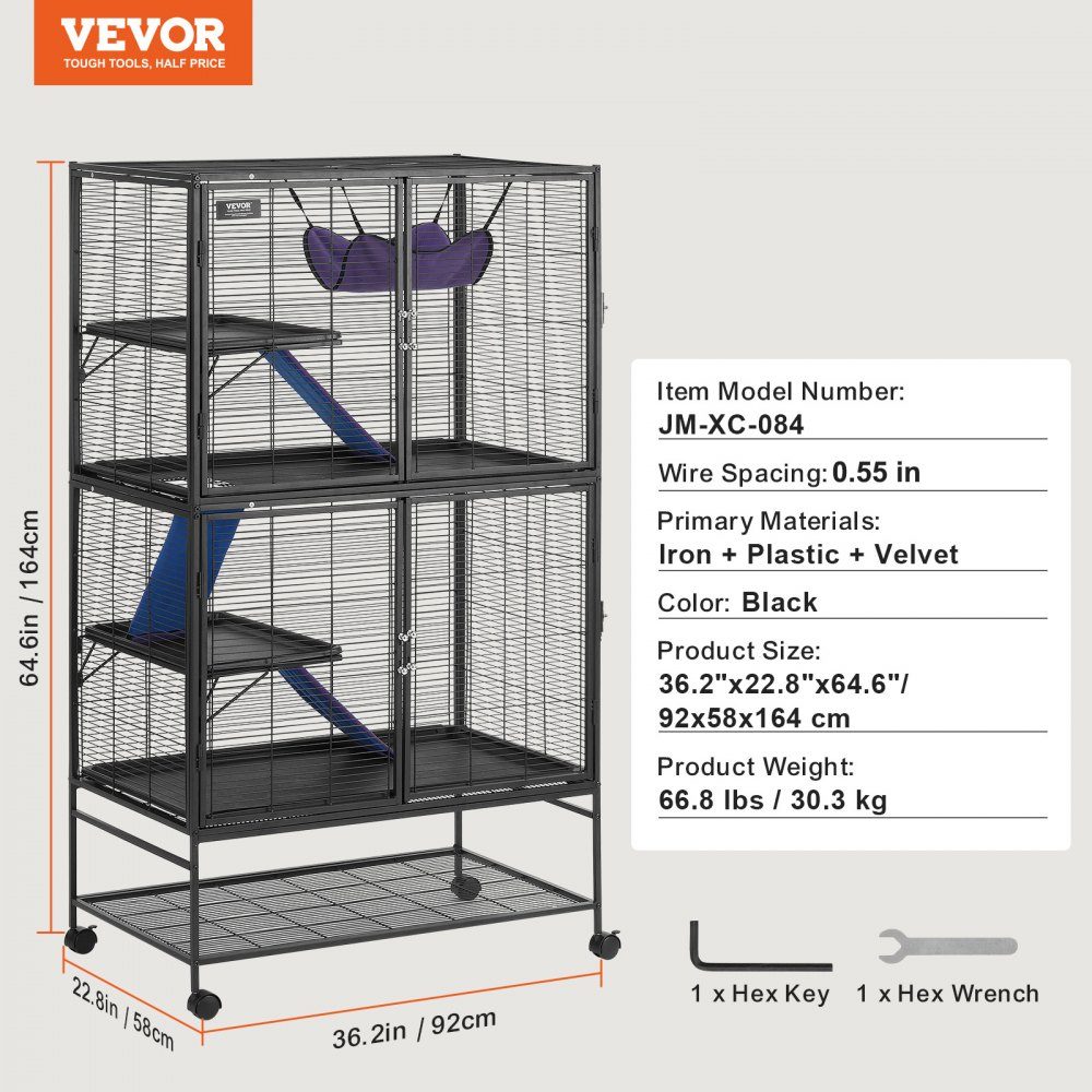 64,6 Zoll rollender Frettchenkäfig aus Metall, großer 4-stöckiger Käfig, Kleintierkäfig mit Rampen und Tablett, einfach aufzubauen für Haustierratten, Hamster, Meerschweinchen, Chinchillas, Eichhörnchen, Igel, Kaninchen