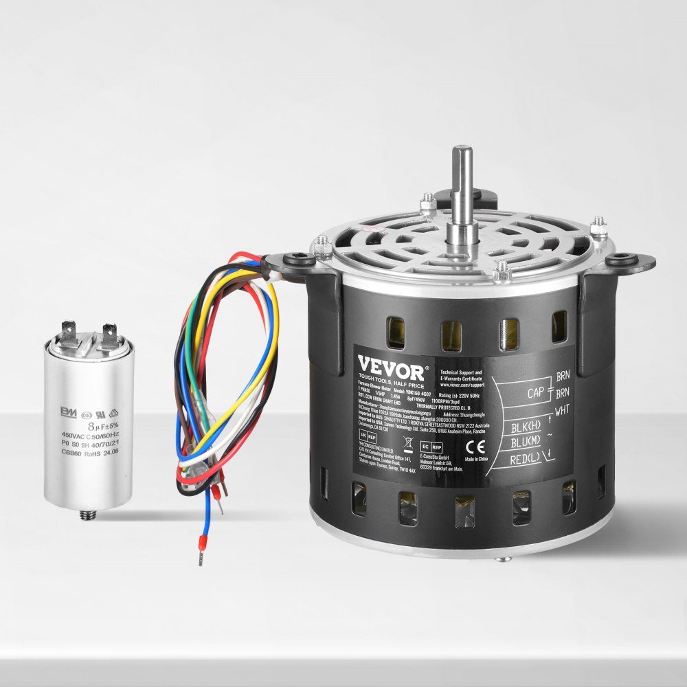 1/5 HP Blower Motor, 220V, 1.45 Amp, 3 Speeds (700/900/1100 RPM), 10mm Shaft Diameter, 20mm Shaft, RED. CCW from shaft end, including CBB60 8 μF / 450 V capacitor