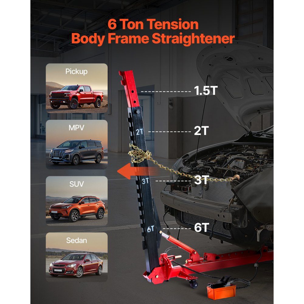 Body Frame Puller and Straightener, 6T Tension Body Repair Tool with 3T Airbag Jack and 45MPa Hydraulic Foot Pump, Includes 16 Straightening Tools, for Auto Repair Shops