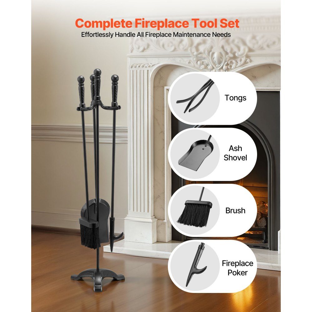 Kaminbesteck-Set, 4-teiliges Herdbesteck-Set, inklusive dreizackigem Ständer, Ascheschaufel, Besen, Schürhaken, schmiedeeisernes Kaminzubehör für Lagerfeuer im Innen- und Außenbereich, Schwarz