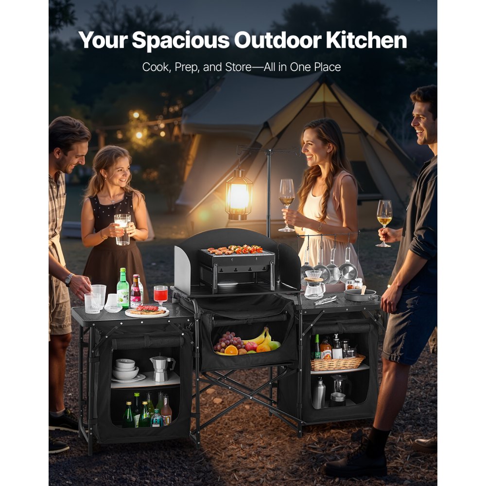 Camping-Küchentisch, Outdoor-Kochtisch, tragbare Aluminium-Kochstation mit 3 Aufbewahrungsschränken und Tragetasche sowie abnehmbarer Windschutzscheibe, für Grillpartys, Picknicks, Wohnmobil-Reisen, Schwarz