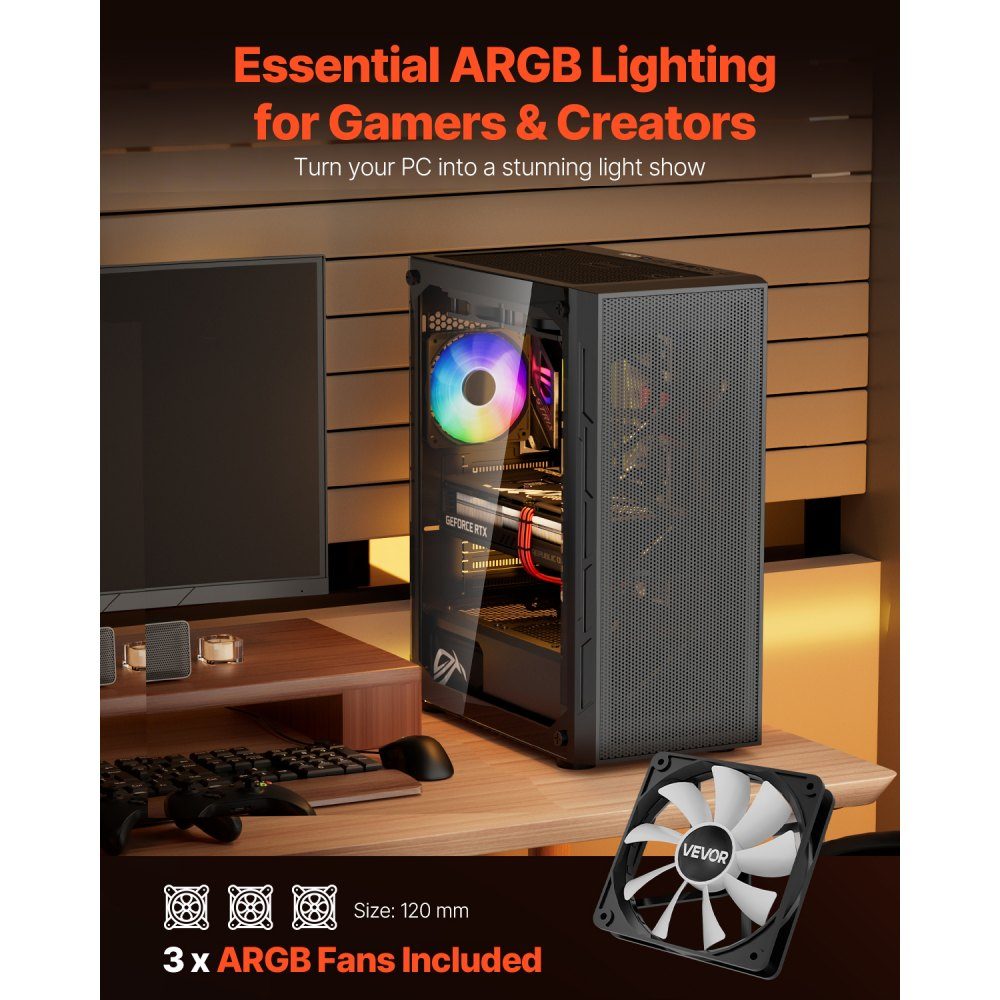 PC Gaming Case, Mid-Tower, High Airflow Tempered Glass Panel, Dust Filter, 3x 120mm ARGB Fans, Cable Management, for GPUs up to 320mm Length, for ATX / M-ATX / ITX
