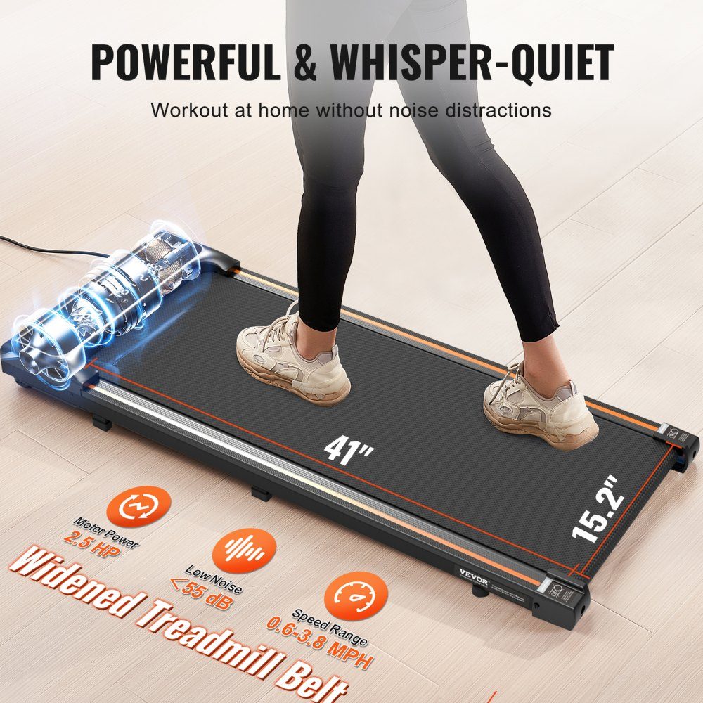 Walking Pad Laufband unter dem Schreibtisch, Laufband für die Arbeit, Arbeitslaufband mit 120 kg Tragkraft, tragbares Pad mit 2,5 PS, Fernbedienung, LED-Anzeige 1-6 km/h, Schwarz