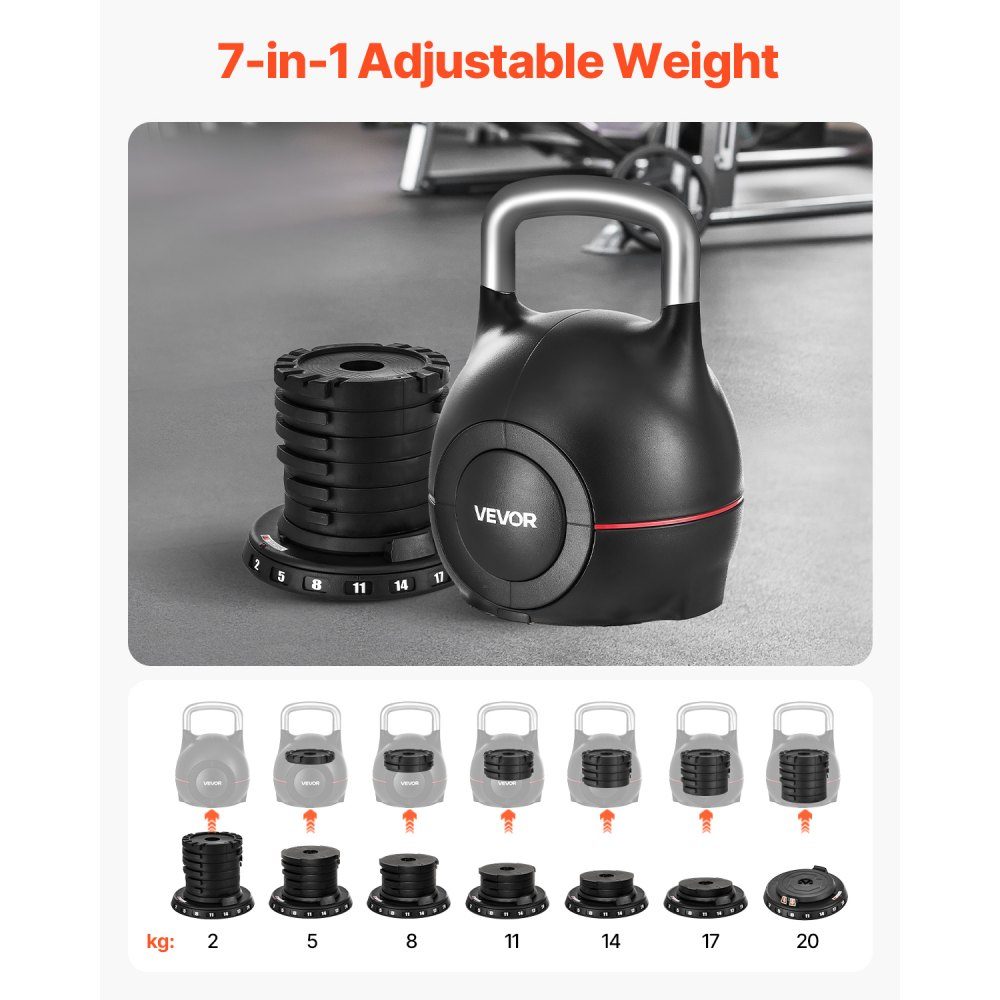 Kettlebell regulowany Kettlebell z 7 poziomami obciążenia (2/5/8/11/14/17/20 kg), hantle wahadłowe wykonane z ABS + odlewanego ciśnieniowo aluminium, do treningu siły chwytu, treningu całego ciała, treningu przekrojowego, czarny