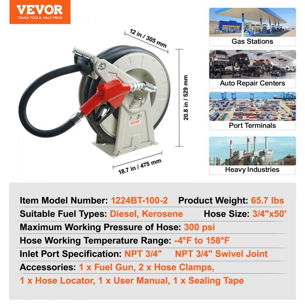 Fuel Hose Reel, Retractable Diesel Hose Reel, 3/4" x 60" Automatic Refueling Nozzle