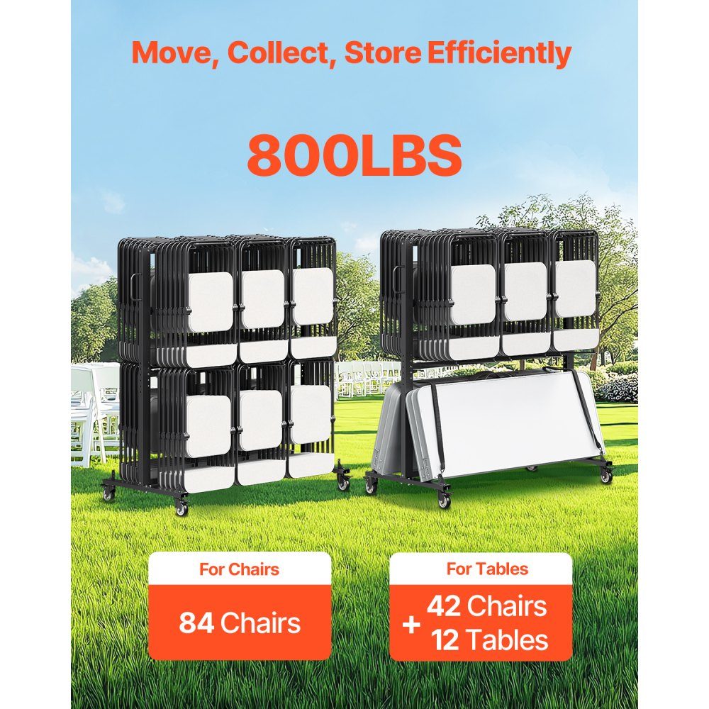 Folding Chair Stand, 800 Pound Load Capacity, Chair Cart for 84 Chairs/12 Tables, Double Layer Chair Storage Cart with Rubber Wheels and Brackets, Large Chair Holder, Matte Black