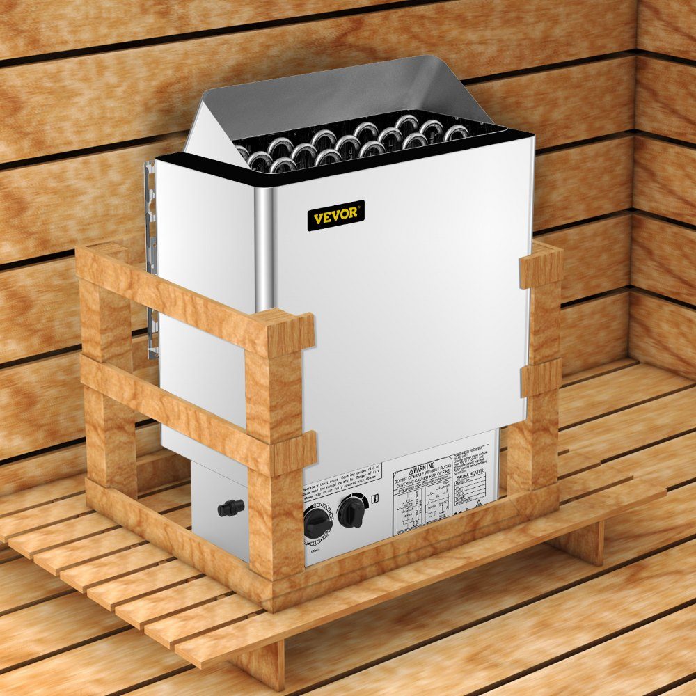 Saunaofen 9 KW, Sauna-Elektroherd 380 V - 415 V, Edelstahl-Saunaofen 20 kg Saunasteine, elektrischer Saunaofen 2 Modi (Temperatur, Zeit), für 9-13 m³ Saunaraum, 190 cm Höhe, mit Wandhalterung