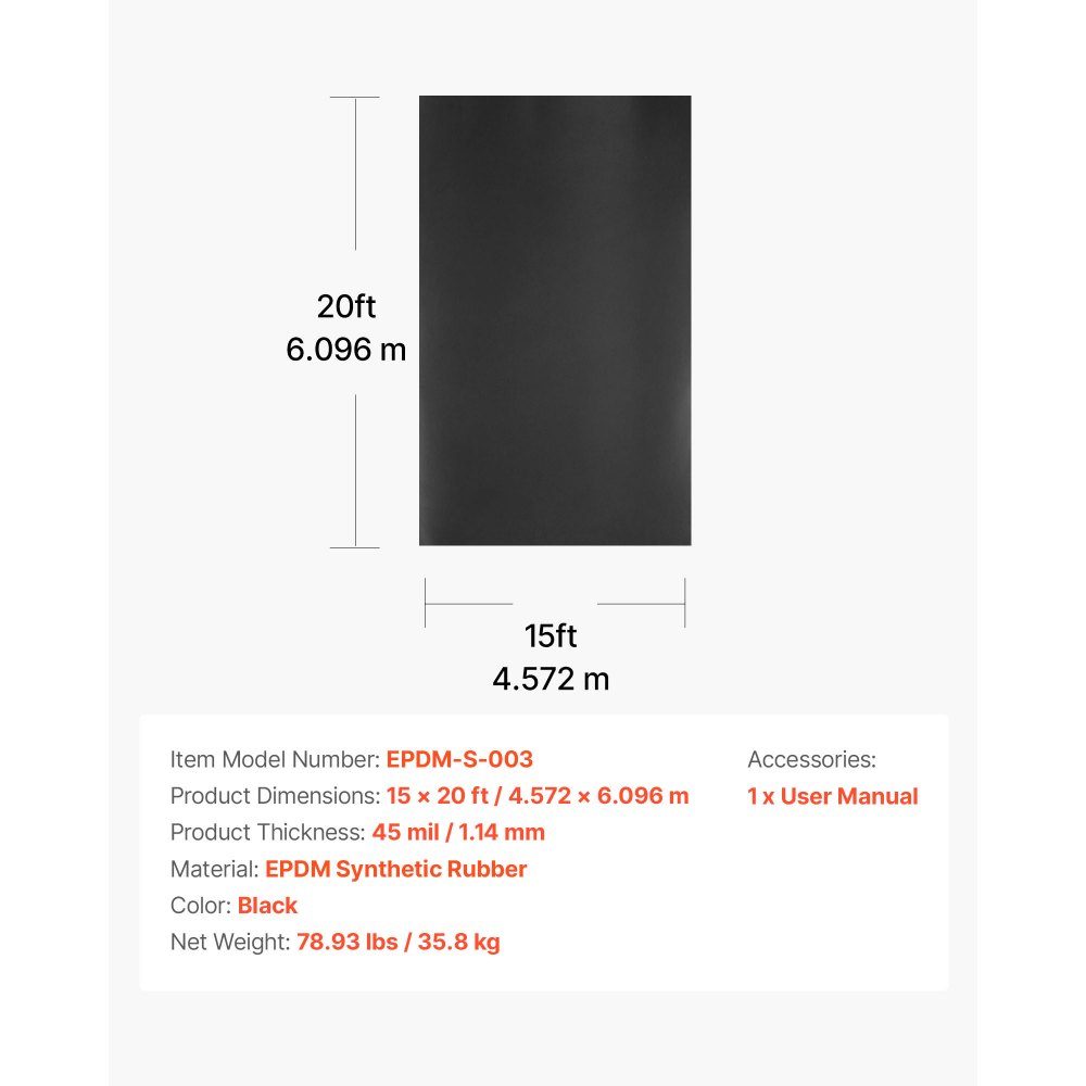 Roofing Sheet 4,572 x 6,096 m, Roof Sheet, 1.14mm EPDM Film, Carport Sealing, Durable & Weather Resistant, Roof Sealing, Roof Underlayment for Motorhomes, Roofs, Ponds
