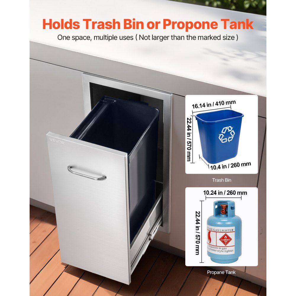 Trash Drawer for Outdoor Kitchen BBQ Kitchen Islands 344 x 498 x 655mm (W x D x H) Indoor Storage Multipurpose Stainless Steel Kitchen Drawers for Propane Gas Bottles Max 25kg (No Trash Cans)