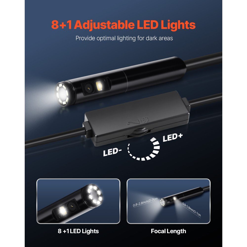 Endoskopkamera mit Licht, Doppelobjektiv-Endoskop für Android und iOS, 1920P HD-Inspektionskamera mit 8+1 LED-Licht, 2x Zoom, 5 m Kabel, wasserdichte IP67-Kanalkamera für Auto, Sanitär
