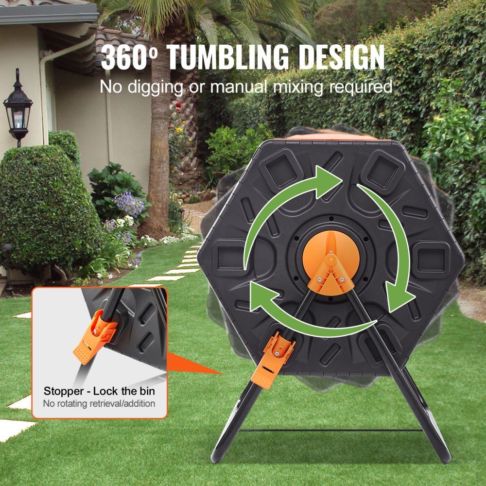 Trommelcomposter Tumbler 70 L, trommelcomposter 360° draaibaar Multifunctionele trommelcomposter 605 x 510 x 730 mm, 20 kg Robuuste tuincomposter incl. handschoenen
