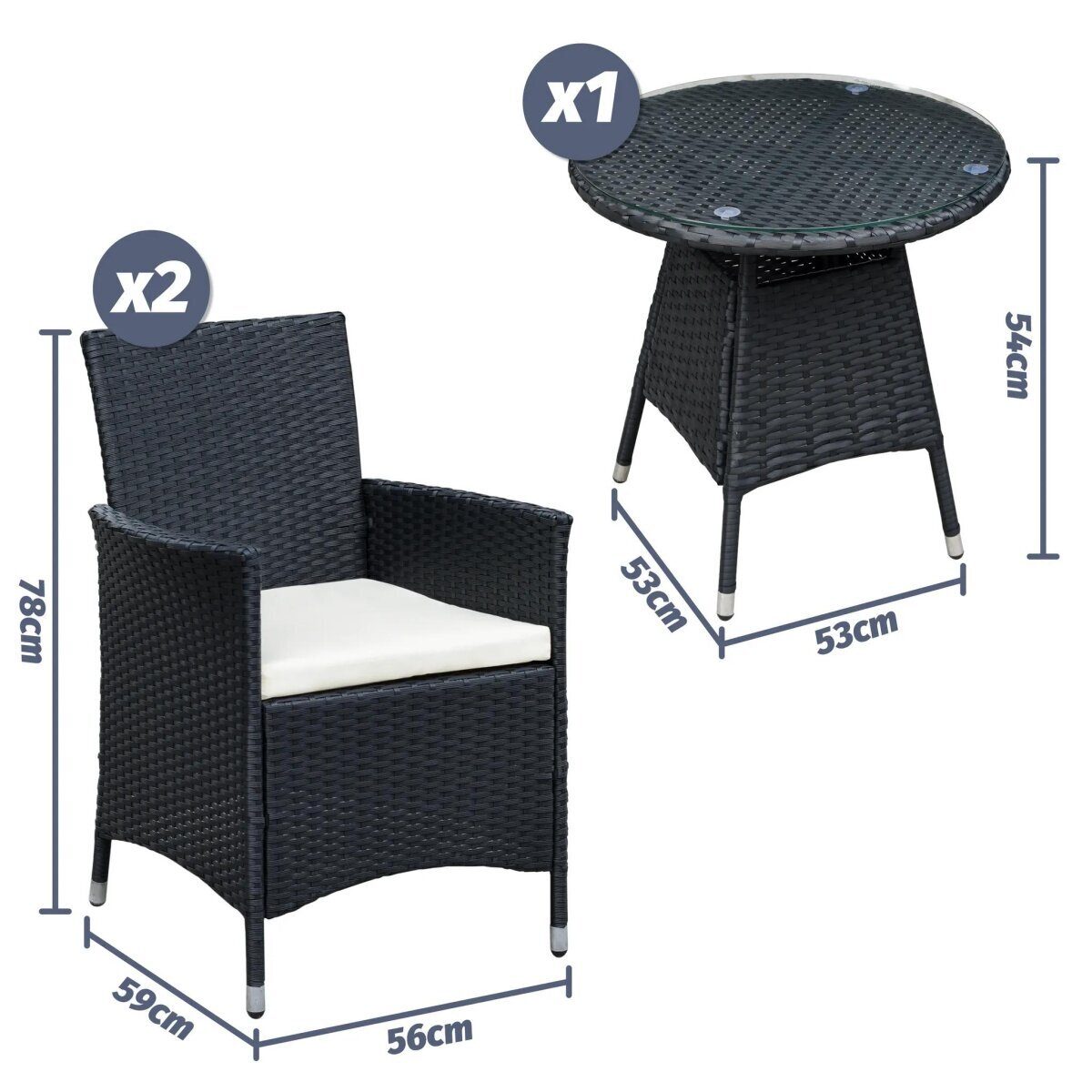 3-teilige Gartenmöbel Sitzgruppe Gartenset Lounge Polyrattan Rattan Essgruppe Schwarz