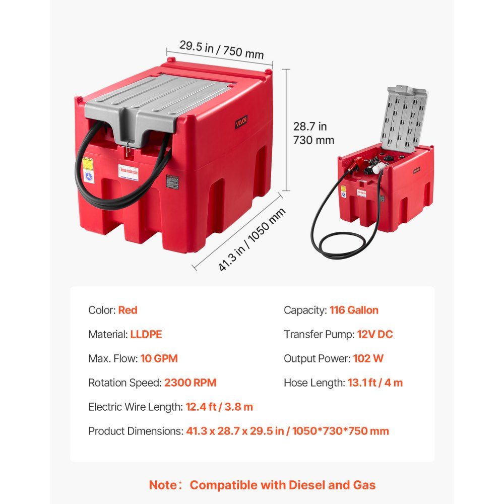 Portable Diesel and Petrol Tank, 440L, 45L/min Flow Rate, Diesel Fuel Tank with 12V Transfer Pump, 4m Hose, Automatic Refueling Nozzle, Fuel Transport Transfer Tank, Red