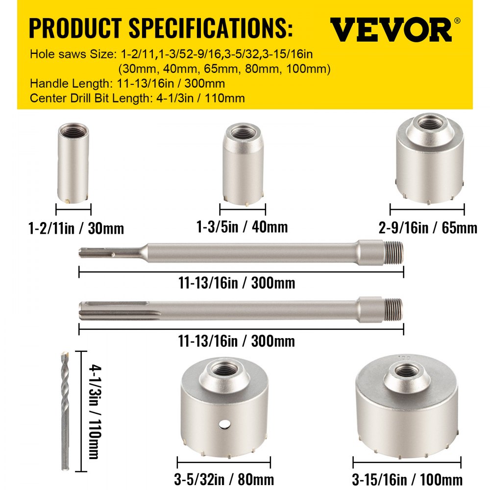 Betonbohrer-Set Lochsäge 11-teilig mit SDS Max/SDS Plus & 2 Zentrierbohrern, Steckbohrer, Senker-Kronenbohrer für Mauerwerk 30-100 mm, Ziegel, Beton, Zement, Steinwandmaterial Betonbohrer-Set Lochsäge 11-teilig mit SDS Max/SDS Plus & 2 Zentrierbohrern, Steckbohrer, Senker-Kronenbohrer für Mauerwerk 30-100 mm, Ziegel, Beton, Zement, Steinwandmaterial
