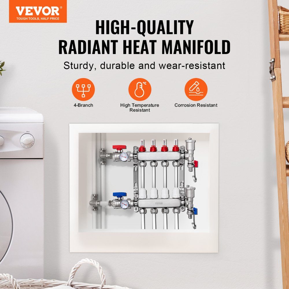 4 Branch Heat Spreader, 1/2" PEX Pipe Manifold, Stainless Steel PEX Manifold for Hydronic Underfloor Heating, Heat Distribution PEX Manifold Kit with 1/2" Adapters Included