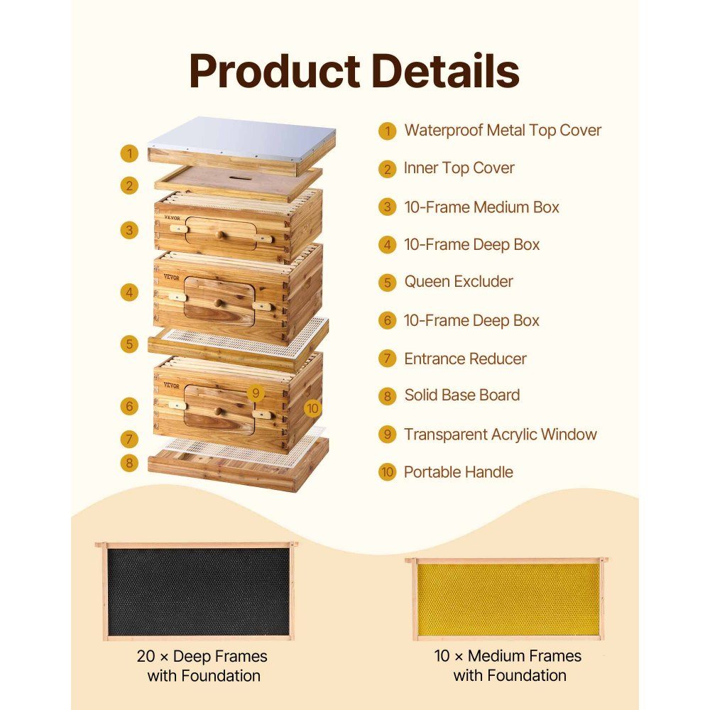 Beehive, Zander Beehive for 30 Frames, Beeswax Coated Wood, 2 Deep + 1 Medium Bee Box, Langstroth Beehive Set, Clear Acrylic Windows with Foundations