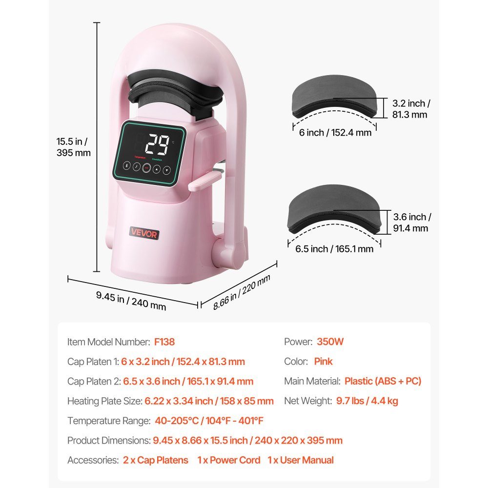 Automatic Hat Heat Press with 2 Interchangeable Plates, Auto Open and Release, Touch Screen for Time and Temperature Control, Heat Transfer Printing for Caps, Hats, Pink