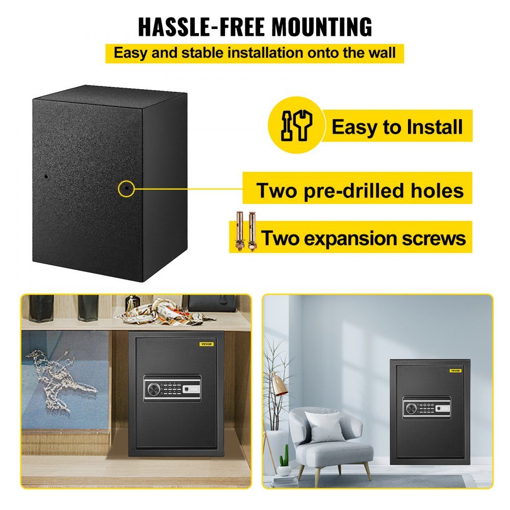 Safe 60 L, furniture safe 17 kg load capacity, wall safe black dustproof with fingerprint code digital keyboard key 4 locking systems security safe apartment hotel office