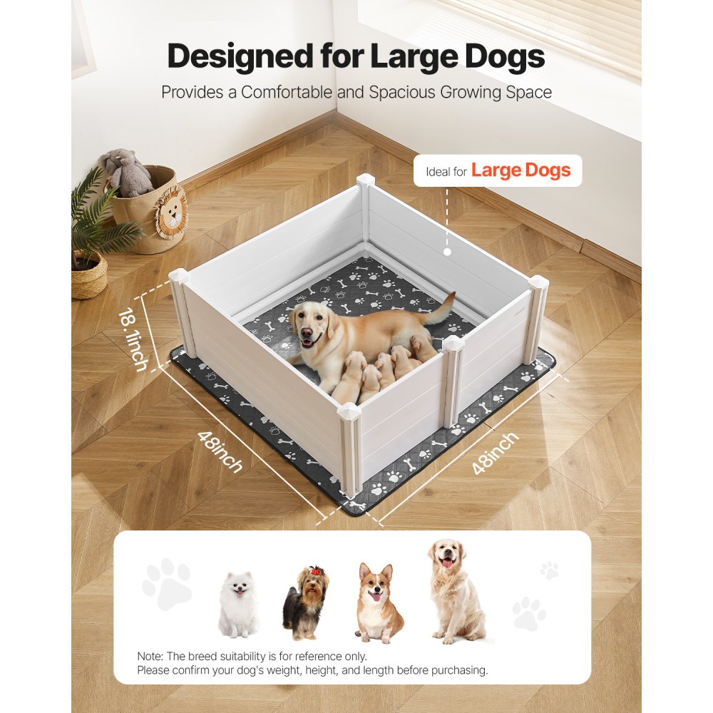 Wurfkiste für Hunde, 122x122x46cm, Welpenlaufstall aus Kunststoff-PVC mit höhenverstellbarer Tür & waschbarer Pinkelunterlage, verformungssichere Welpenkiste für große Hunde, milchweiß Wurfkiste für Hunde, 122x122x46cm, Welpenlaufstall aus Kunststoff-PVC mit höhenverstellbarer Tür & waschbarer Pinkelunterlage, verformungssichere Welpenkiste für große Hunde, milchweiß