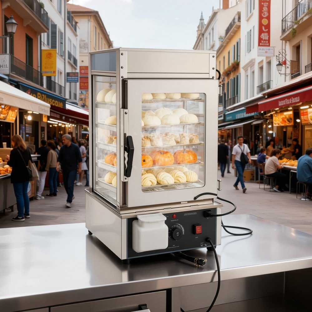 5-stopniowy komercyjny podgrzewacz do żywności 120 l od 30 do 110 ℃, garnek do gotowania na parze o mocy 1200 W, oświetlenie LED i regulowane półki oraz rama ze stali nierdzewnej, witryna grzewcza na chleb hamburgerowy Mantou – Nr kat. HT-24156