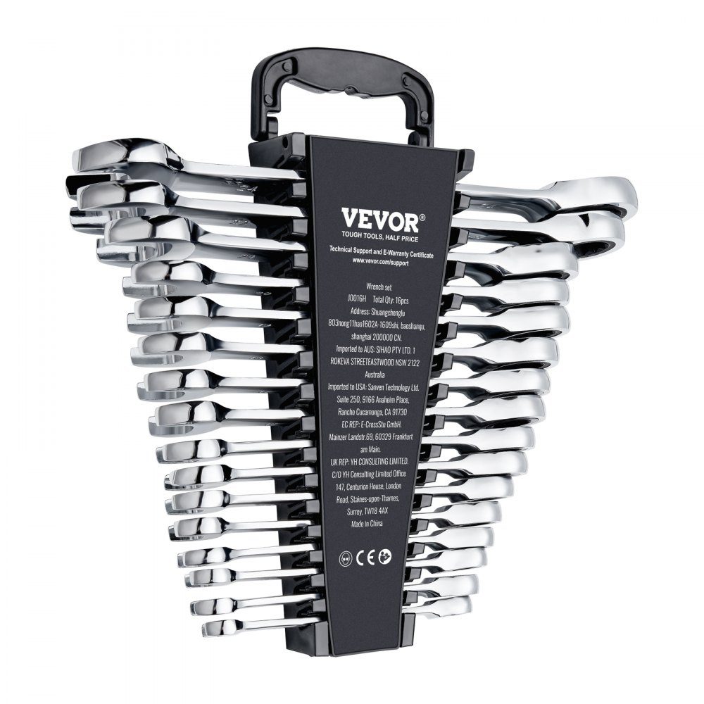 Combinatiesleutelset, 16-delige ratelsleutelset met organizerrek, Cr-V stalen moersleutelset, metrisch 8 mm tot 24 mm, ideaal voor huishouden, garage, werkplaats, noodgevallen bij autoreparatie