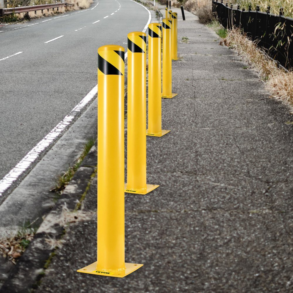 Borne de sécurité, poteau en acier, hauteur 122 cm, profondeur 14 cm, signalisation jaune, barrière tubulaire en acier