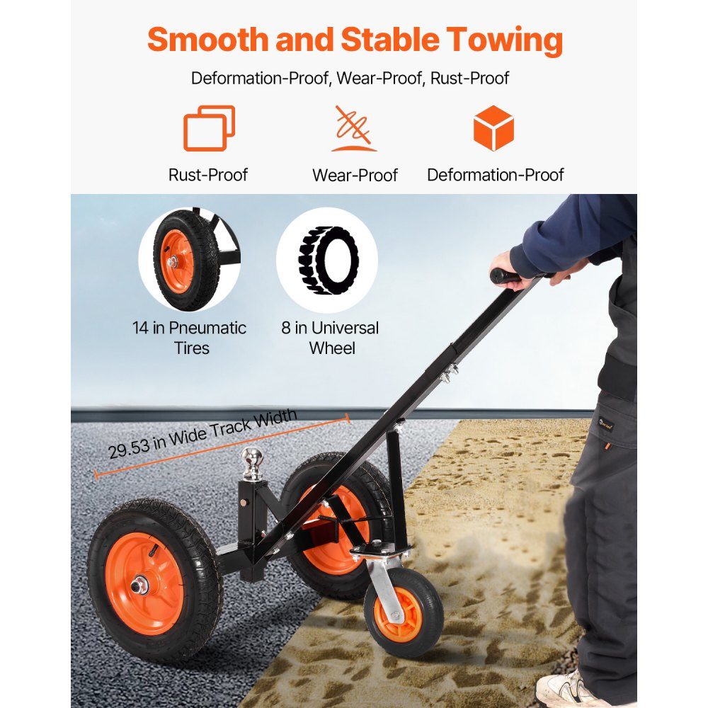 Trailer Dolly, 454kg Support Load, 425 & 560mm Adjustable Height, 50.8mm Ball, 355.6mm Pneumatic Tires, Carbon Steel, for Moving Motorhome Trailers