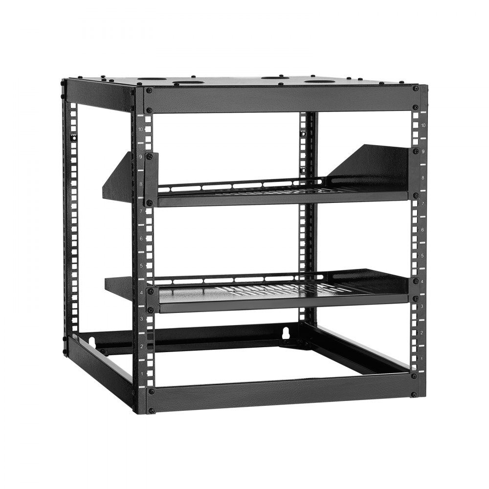 10U open frame network rack, 585mm depth, wall mount or floor standing server rack, 4 post construction, with ventilated shelves and mounting hardware, for all network IT equipment and AV equipment