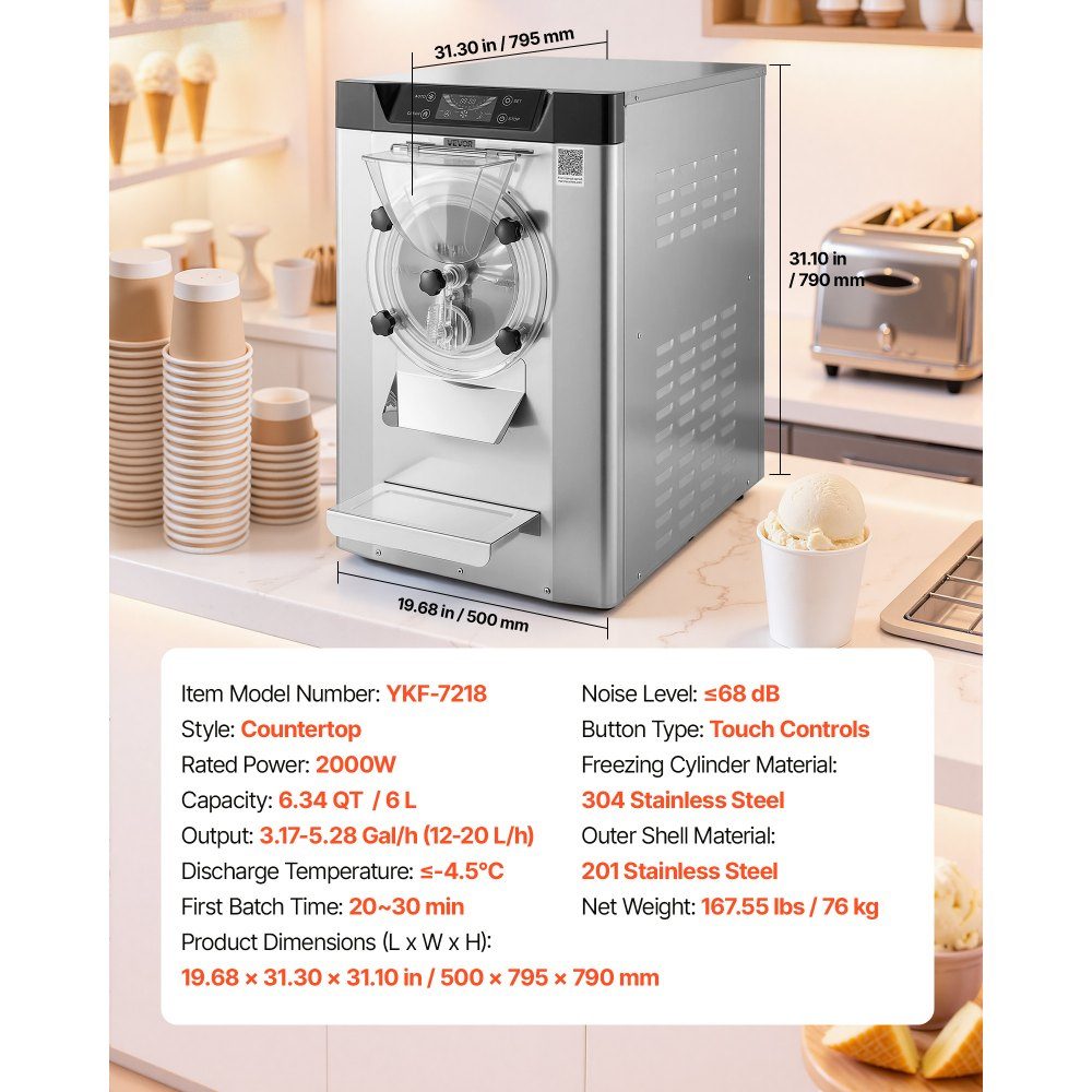 Commerciële ijsmachine, ijsmachine, 2000W, 12-20L/H, gelato-machine op aanrecht met 6L roestvrijstalen (304) container en zelfreinigend LED-bedieningspaneel voor snackbars, restaurants, zilver