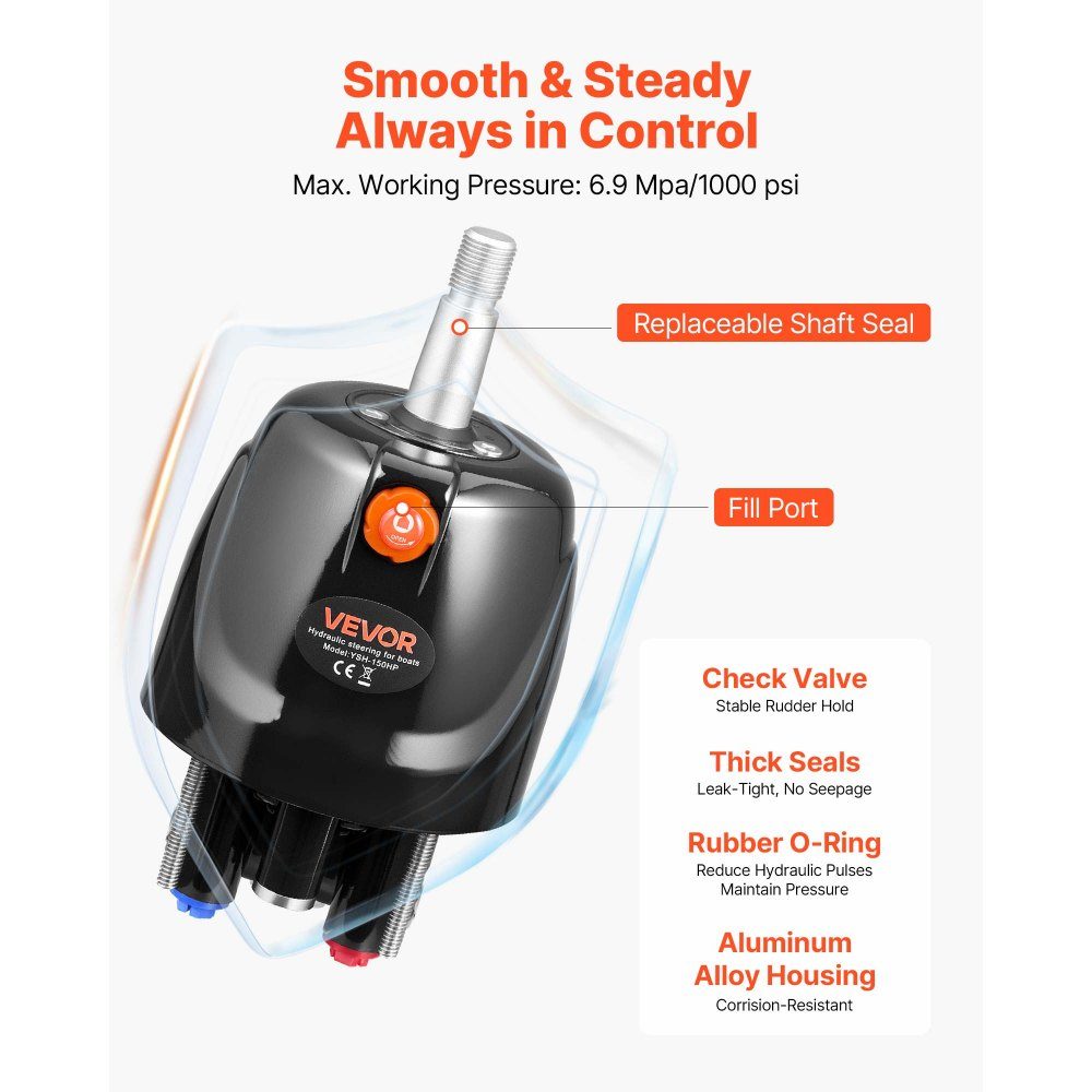 Outboard Hydraulic Steering Kit 110kW (150HP) Marine Hydraulic Boat Steering System with 6.9MPa Steering Pump, Two Way Lock Cylinder and 6m Hoses, for Single Helm, Single Engine