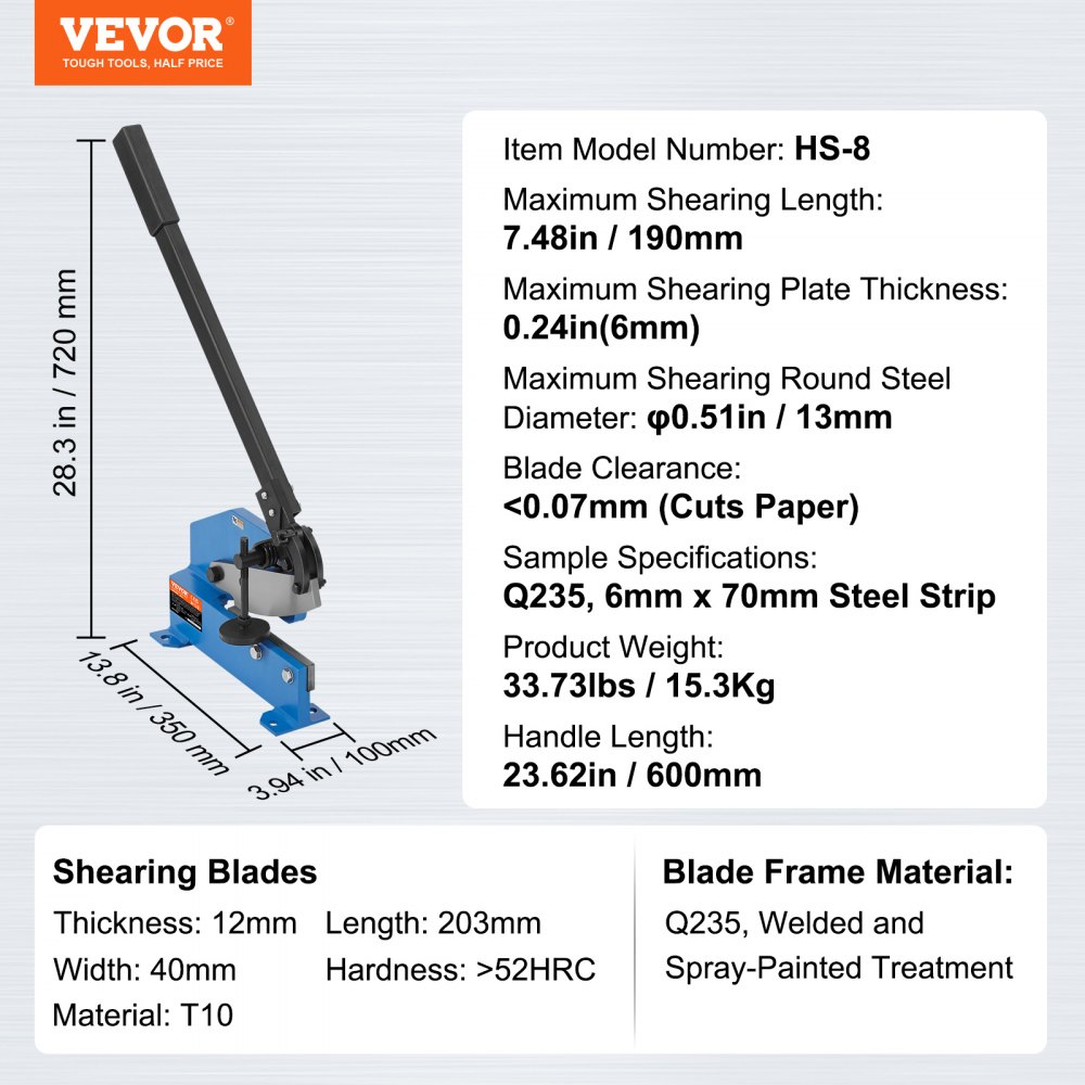 Ręczne nożyce do blachy 190 mm, przecinarka stołowa HS-8 z materiałem Q235, ręczne nożyce do blachy do rzemieślniczej obróbki grubej stali, prasa rolkowa o dużej wytrzymałości dla pracowników budowlanych, entuzjastów majsterkowania