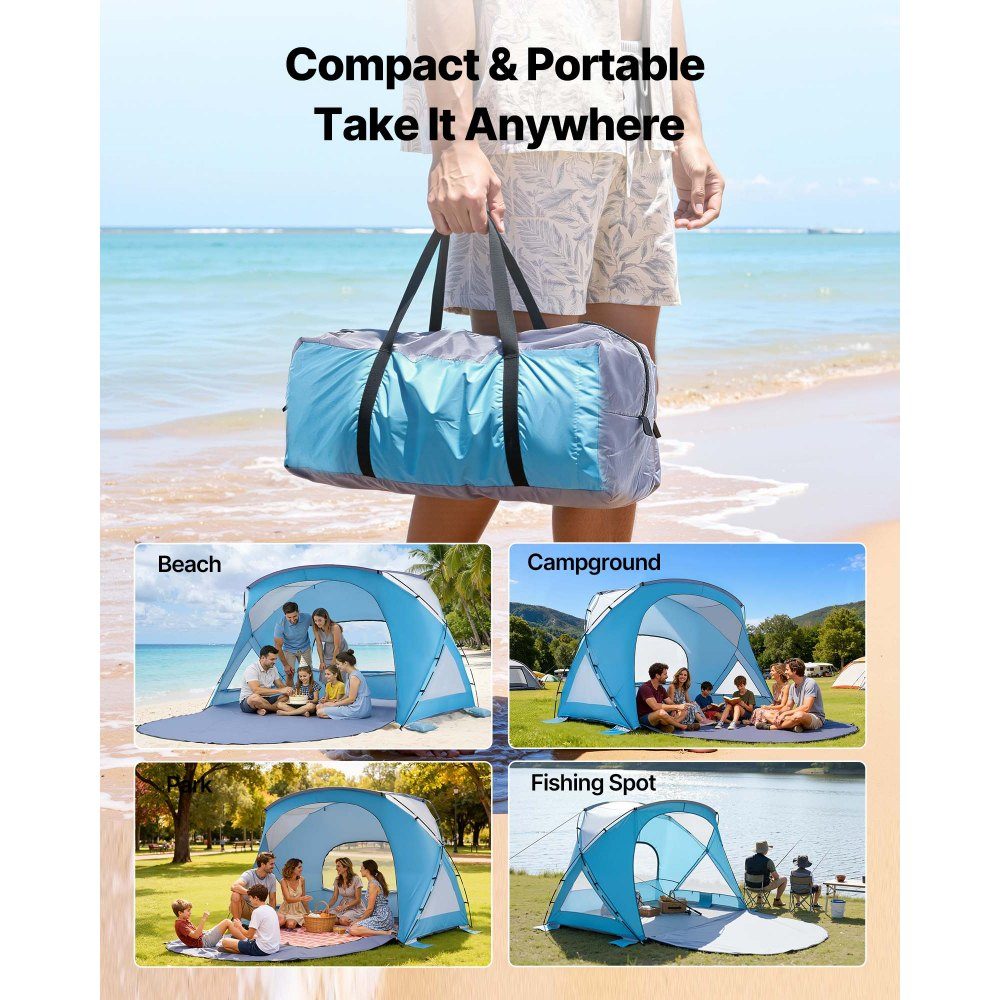 Strandmuschel-Sonnenschutz für 6 Personen, UPF 50+ Schutz, tragbares Strandzelt mit Tragetasche und Bodenankern, stabiler Strandschirm für Camping, Angeln, Picknick, Sonnenzelt