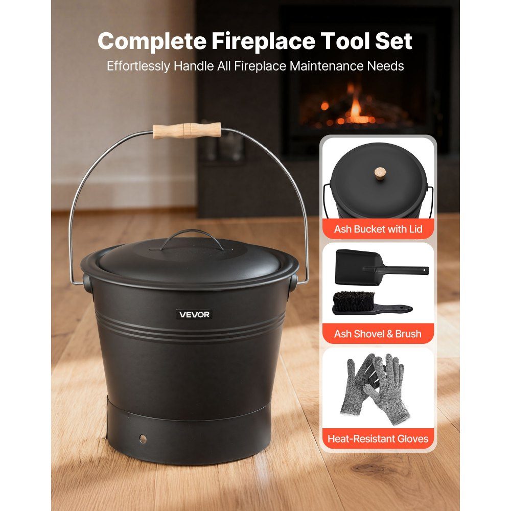 Ash bucket with lid, 4 parts. Set with coal bucket, shovel, broom and gloves, fireplace coal bucket and metal ash container, 9.8 liter capacity for fireplaces, fire pits, wood stoves