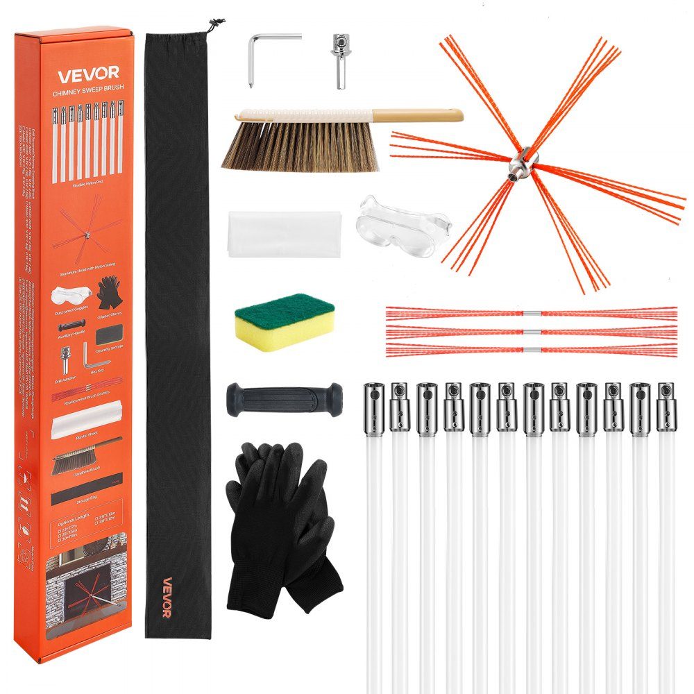 Ofenrohrbürsten-Set, 12 m max. Länge, Schornsteinbürsten, Schornsteinfeger-Set, Schornsteinbürste, 90° biegbares Schornsteinreinigungswerkzeug, für quadratische und rechteckige Schornsteine