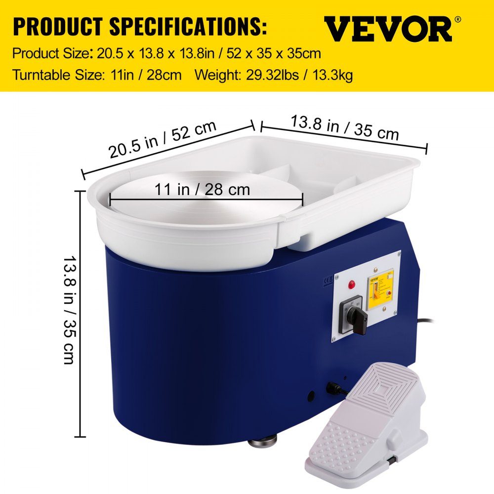 Pottery Wheel 350W Ceramic Disc Machine 220V Electric Pottery Wheel 28cm Turntable Foot Pedal Adjustment 60dB Turntable Pottery DIY Craft 300rpm Blue 13.3kg