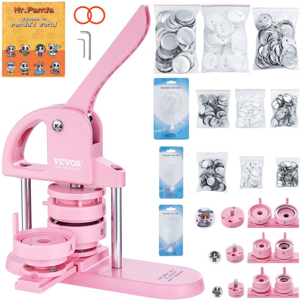 Buttonmaker 25/32/58mm 3-in-1 Pinmaker, 300pcs Button Parts, Buttonmaker Machine with Panda Magic Book, Ergonomic Punching Set with Bow Handle, for DIY Gifts for Kids