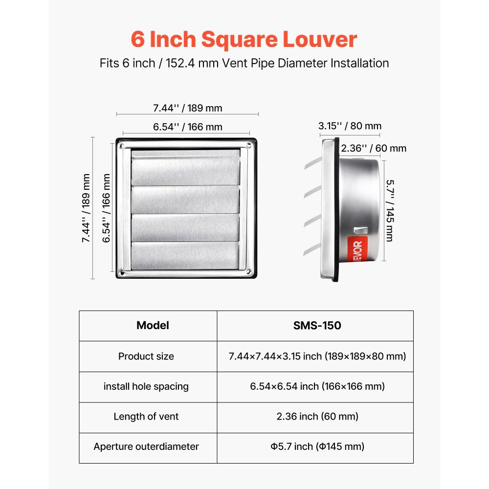 Ventilation grille stainless steel, weather protection grille 189x189x80 mm, slat grille with noise-reducing rubber seal, exhaust grille for home, bathroom, garage, kitchen, basement (1 piece, silver)