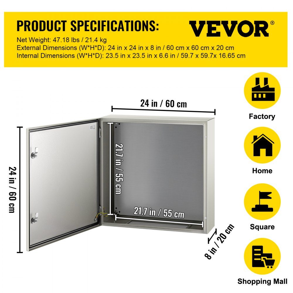 Carbon Steel Electrical Cabinet Distribution Cabinet Industrial Enclosure 60x60x20cm Switch Box IP66 & NEMA Waterproof Junction Box Electrical Box Ideal for Factories, Construction Sites, Shopping Malls etc