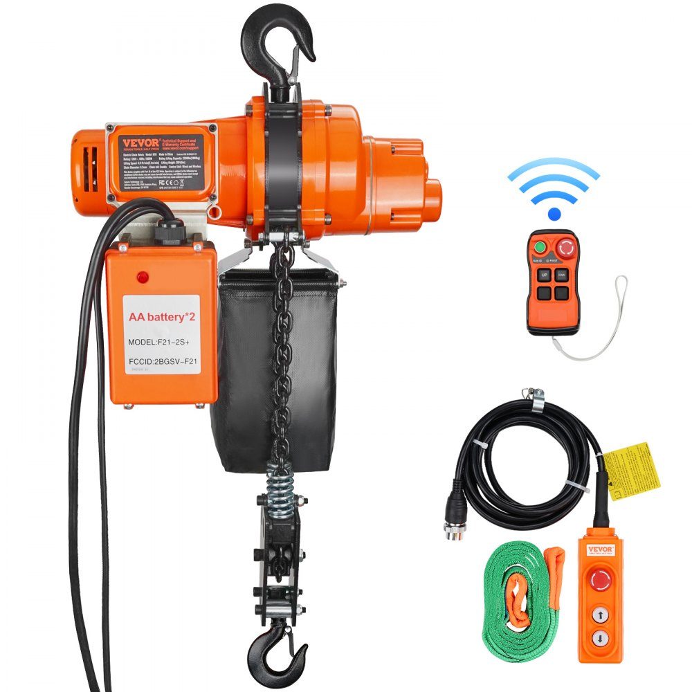 Elektrische kettingtakel, 998 kg draagvermogen, 6 m hefhoogte, 11.500 tpm, takel met ketting, 100 m draadloos en 4,5 m bedrade afstandsbediening, lier voor garage, werkplaats en thuis