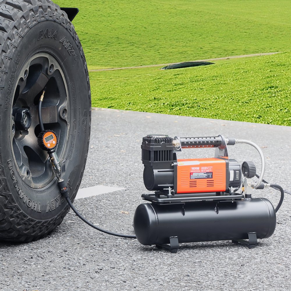 12-V-Hochleistungs-Luftkompressor mit 6-Liter-Tanksatz, 6,35 CFM tragbarer Reifenfüller, 150 PSI Off-Road-Luftkompressor mit digitalem Manometer, Reifenfüller für LKWs, Autos, SUVs, Allradfahrzeuge, Wohnmobile