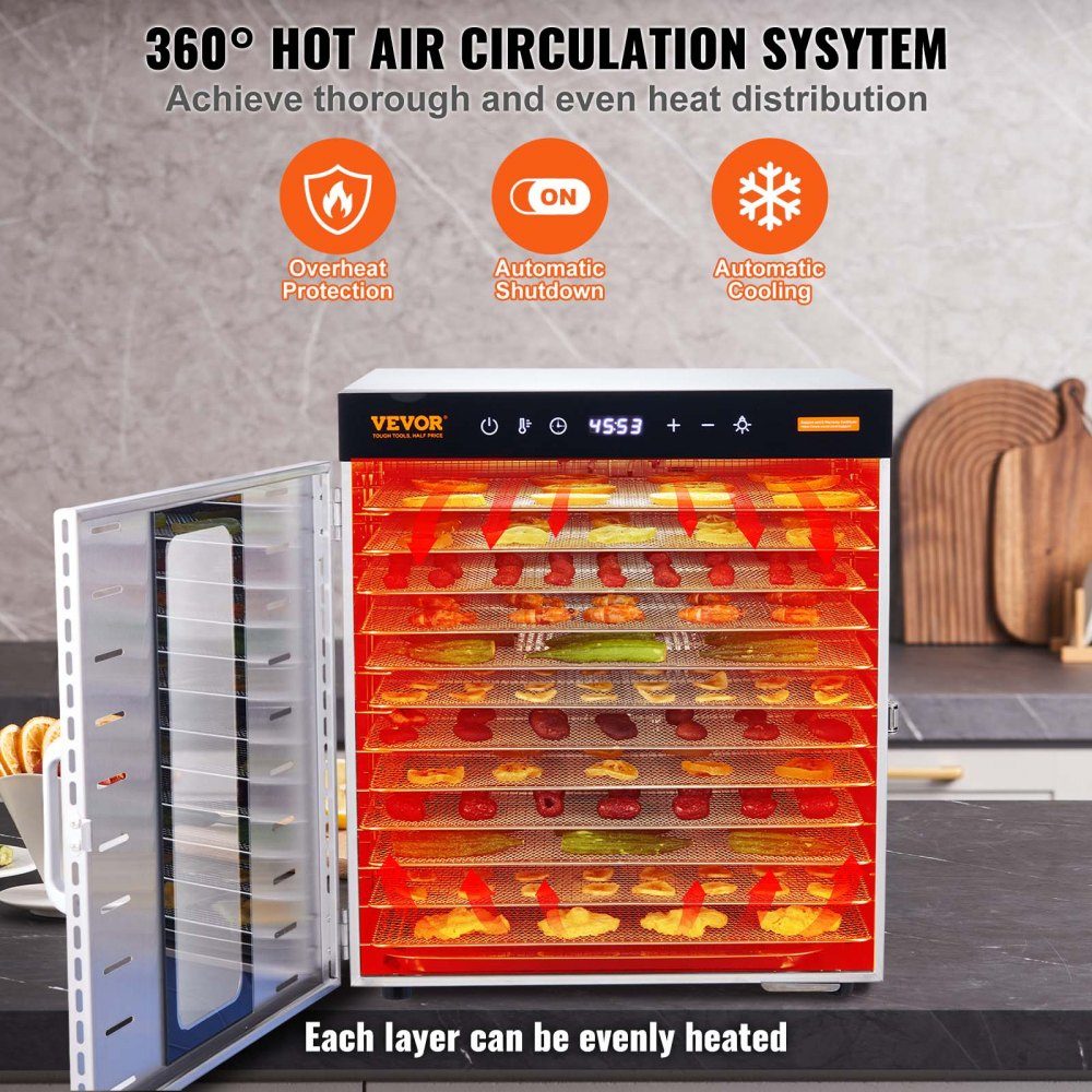1000 W droogoven RVS, 377 x 285 mm 10 stuks. Bakken 360° droog, dehydrator, temperatuurregeling, timer van 0,5 tot 48 uur, bescherming tegen oververhitting, receptenboek voor vlees, fruit, groenten – Artikelnr. HT-23663