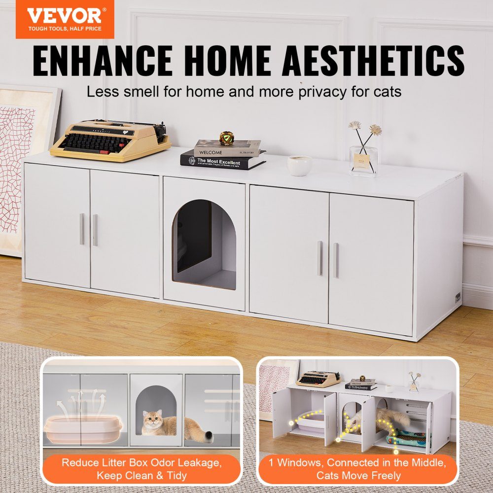 Cat Litter Box Enclosure for 2 Cats, Hidden Cat Litter Box Furniture with Double Rooms, Wooden Litter Box Cabinet, Fits Most Litter Boxes, 57.9"L x 18.3"W x 17.9"H, White