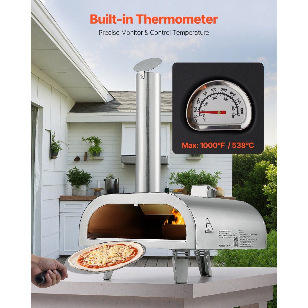 Outdoor Pizza Oven, 12" Pellet Pizza Oven, Portable Pizza Oven with Built-in Thermometer, Wood Burning Stove, Pizza Stone, Shovel and Carry Bag, Stainless Steel Pizza Maker for Garden Camping