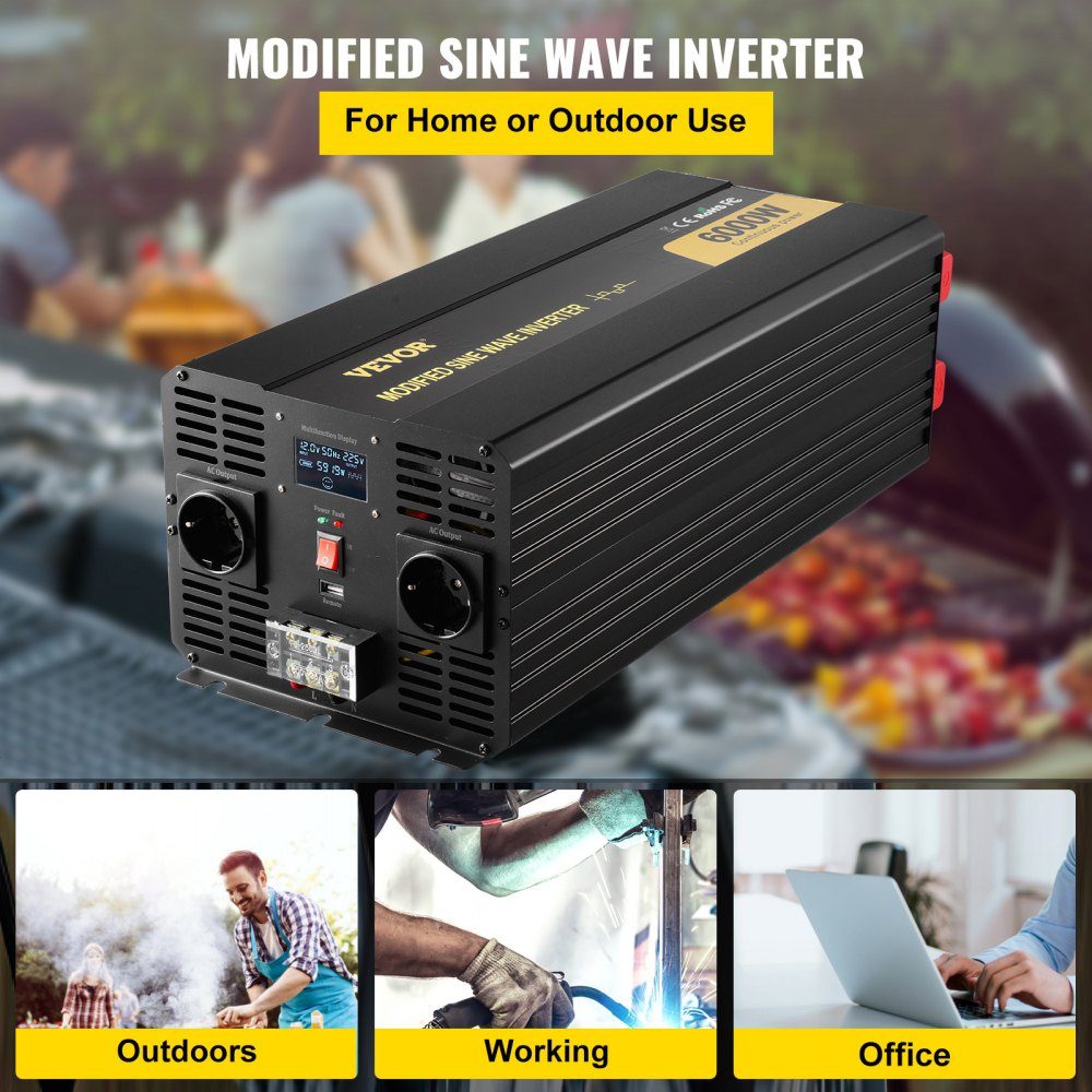 Power Inverter 6000W Modified Sine Wave Inverter DC 12V to AC 230V Car Converter with LCD Display LED Indicators EU Sockets Power Inverter for Car RV Truck Boat Travel